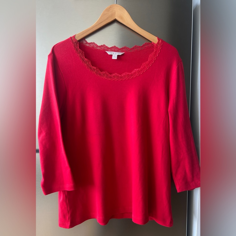 Laura Ashley Red Lace Trim Top XL Cotton Stretch Feminine Classic